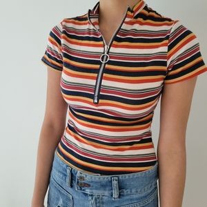 F21 Small Mock Turtleneck Zip-Up Striped BodySuit, Autumn Colors, Orange, Yellow